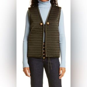 TORY BURCH Quilted Satin Closure Vest Midnight Green Golden Tie Size 10